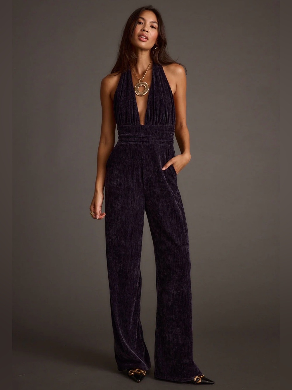 12th Tribe Limelight Midnight Blue Velvet Halter Jumpsuit - Wide Leg, Open back